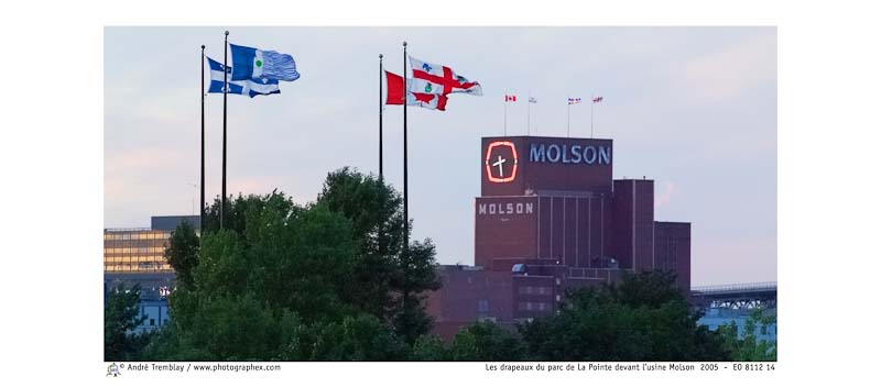 Les drapeaux du parc de La Pointe devant l'usine Molson